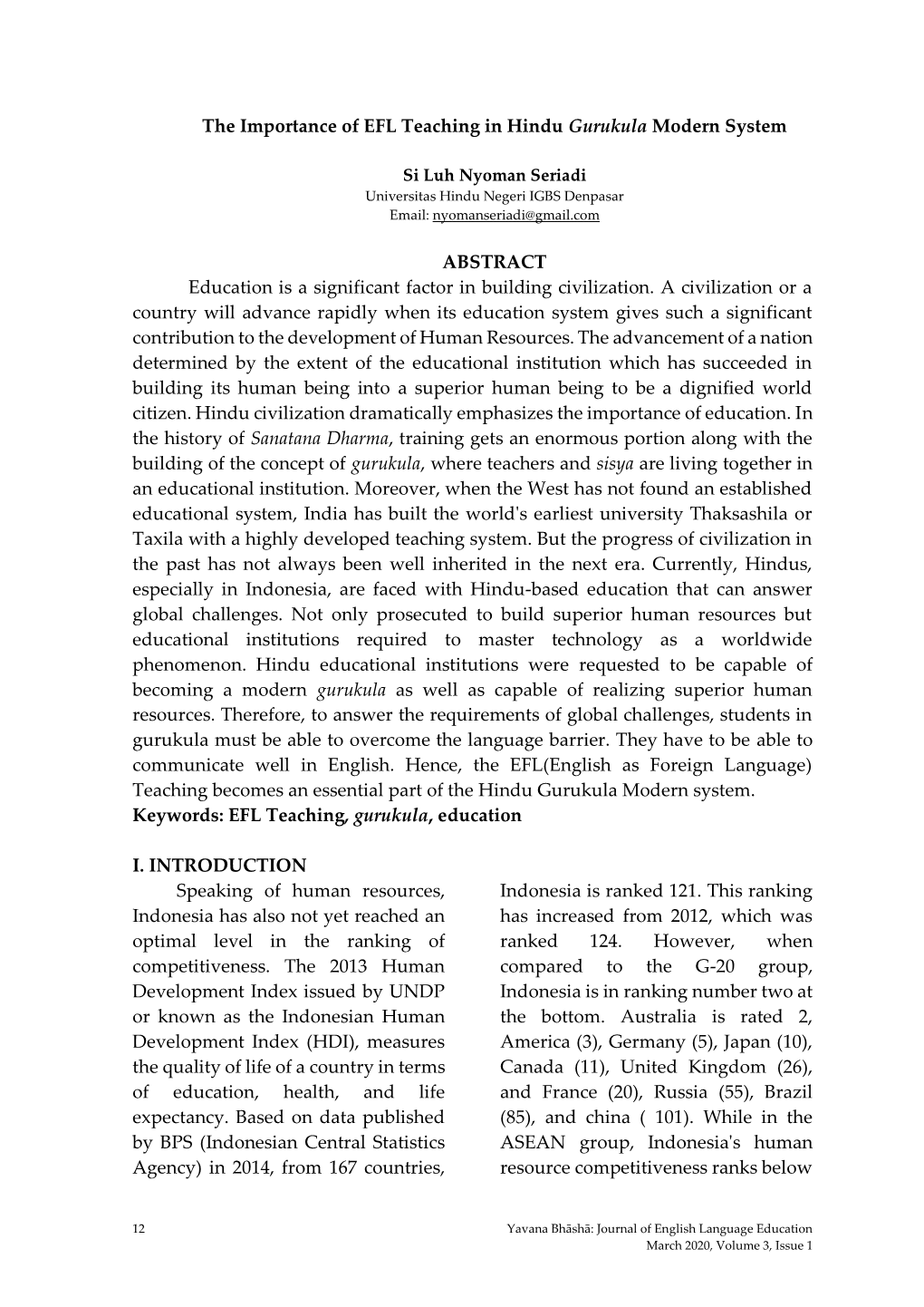 The Importance of EFL Teaching in Hindu Gurukula Modern System