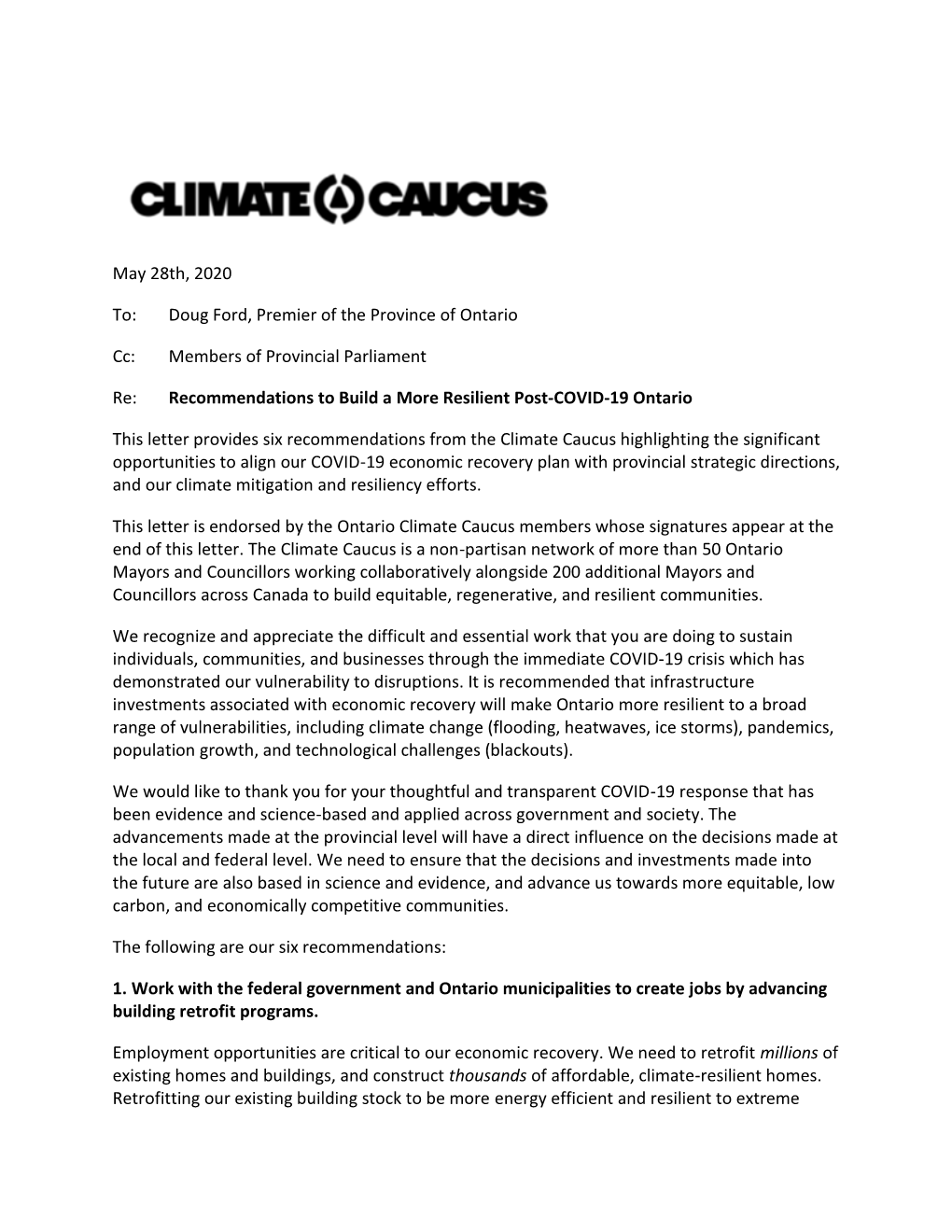 Letter to Premier Ford from Ontario Climate