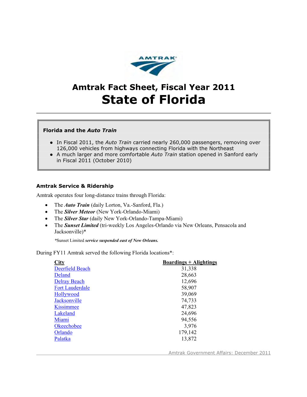 Amtrak Fact Sheet, Fiscal Year 2011