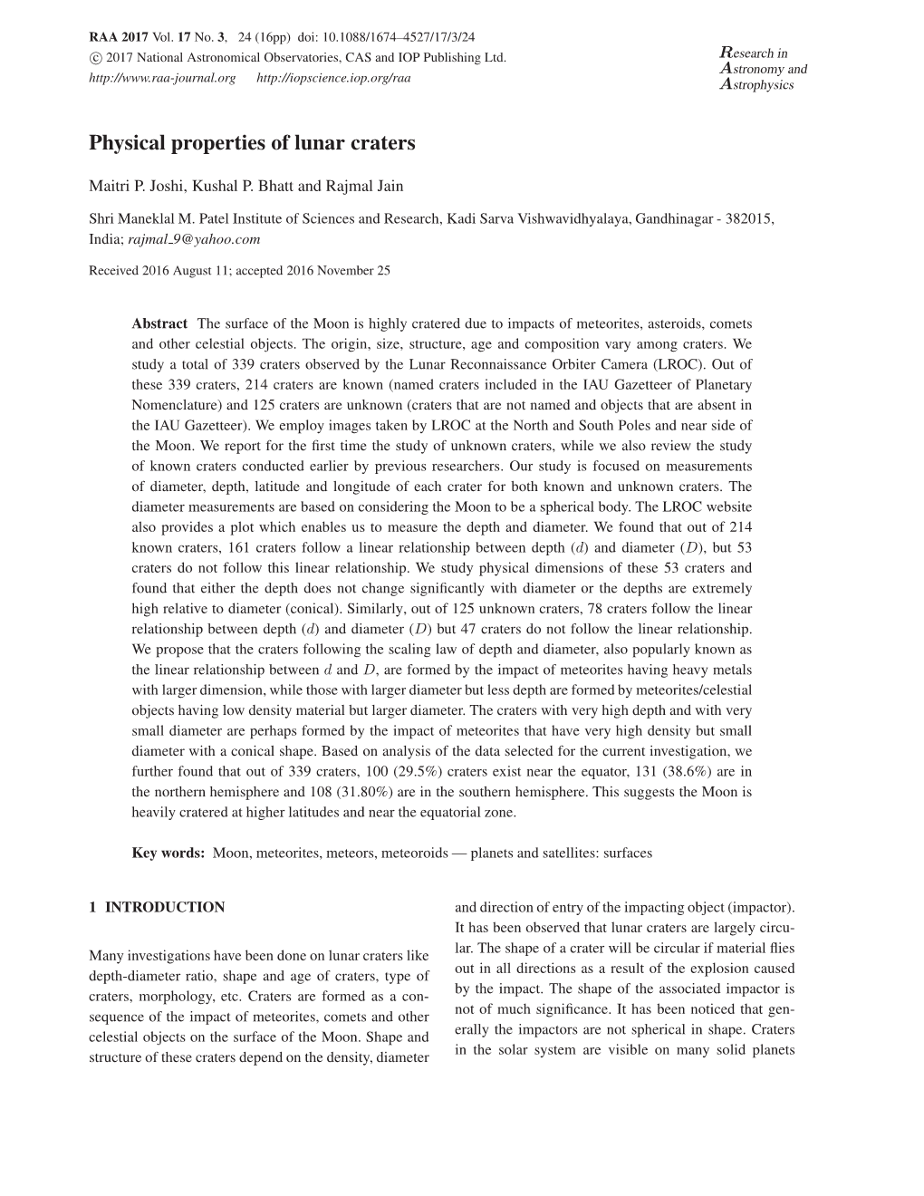 Physical Properties of Lunar Craters