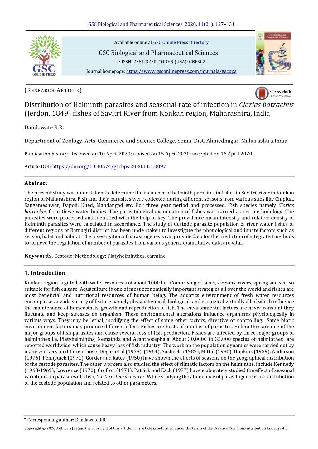 Distribution of Helminth Parasites and Seasonal Rate of Infection in Clarias Batrachus (Jerdon, 1849) Fishes of Savitri River from Konkan Region, Maharashtra, India