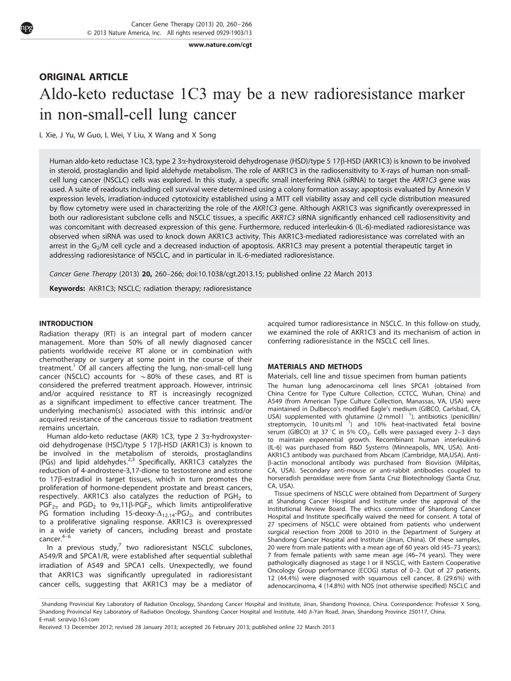 Aldo-Keto Reductase 1C3 May Be a New Radioresistance Marker in Non-Small-Cell Lung Cancer