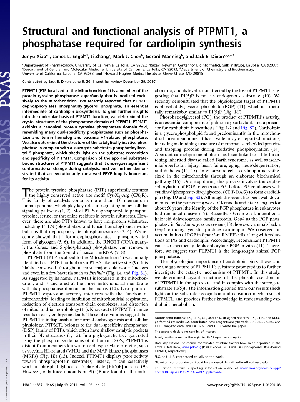 Structural and Functional Analysis of PTPMT1, a Phosphatase Required for Cardiolipin Synthesis