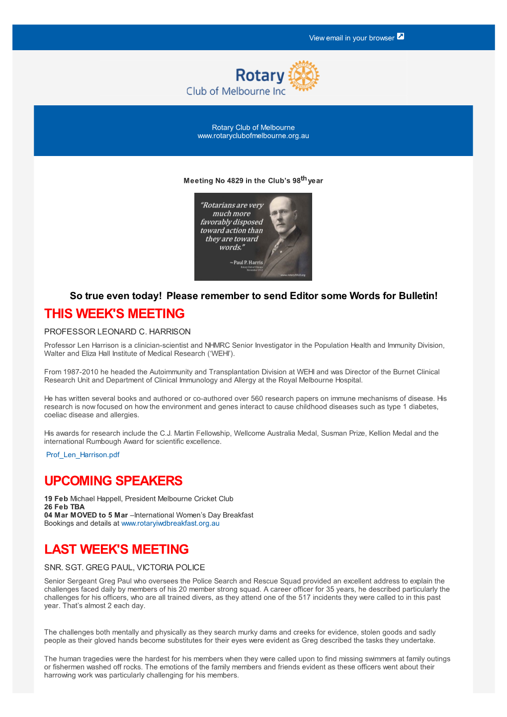 Rotary Club of Melbourne Newsletter