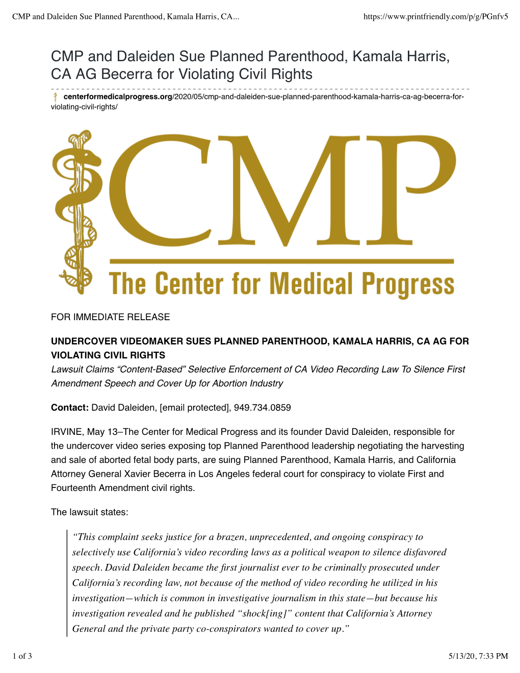 CMP and Daleiden Sue Planned Parenthood, Kamala Harris, CA AG Becerra for Violating Civil Rights