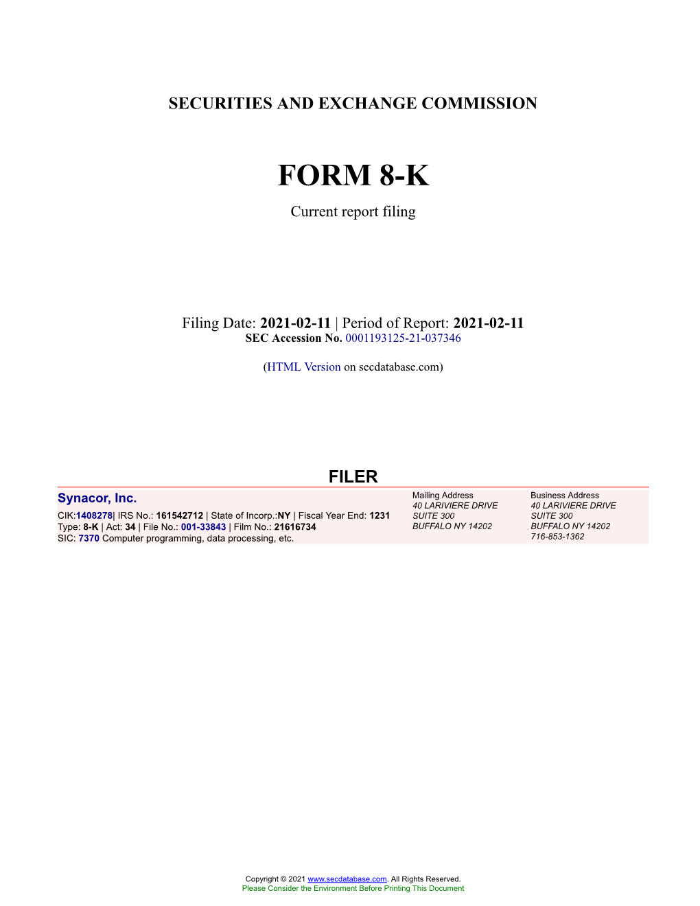 Synacor, Inc. Form 8-K Current Event Report Filed 2021-02-11