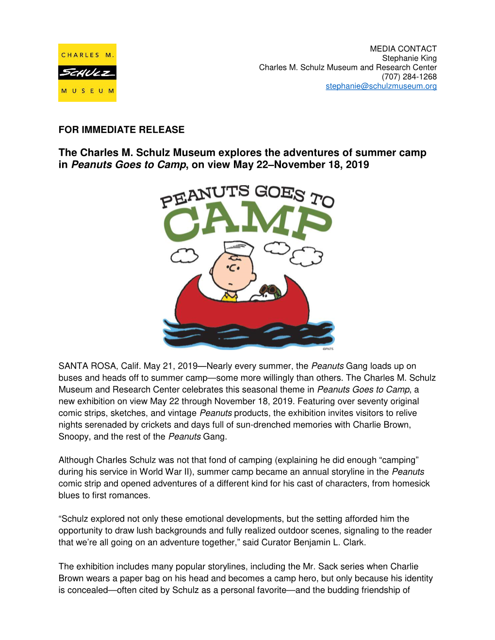 CMSM Peanuts Goes to Camp Press Release