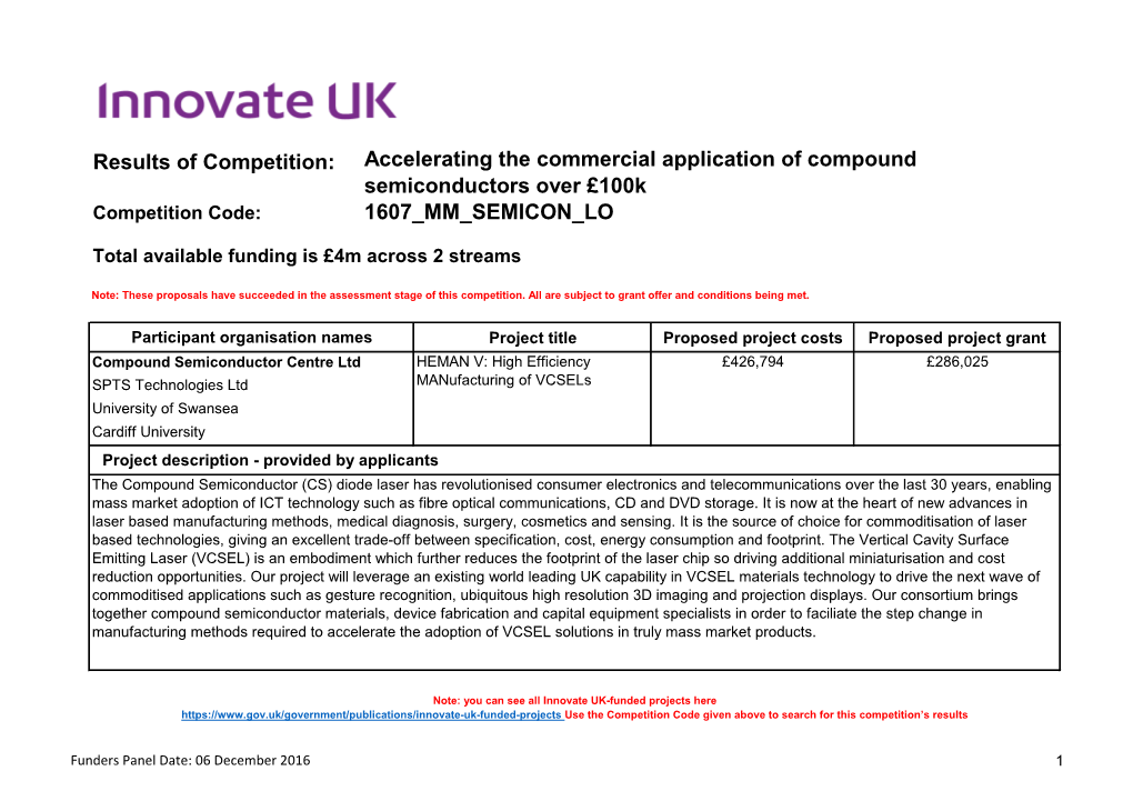 Results of Competition: Accelerating the Commercial Application of Compound Semiconductors Over £100K 1607 MM SEMICON LO