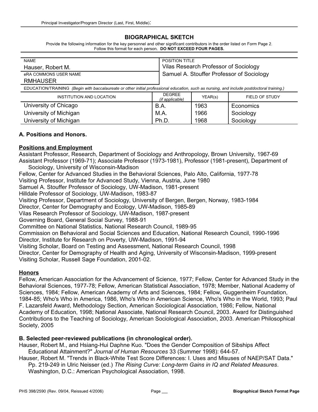 PHS 398 (Rev. 9/04), Biographical Sketch Format Page s1