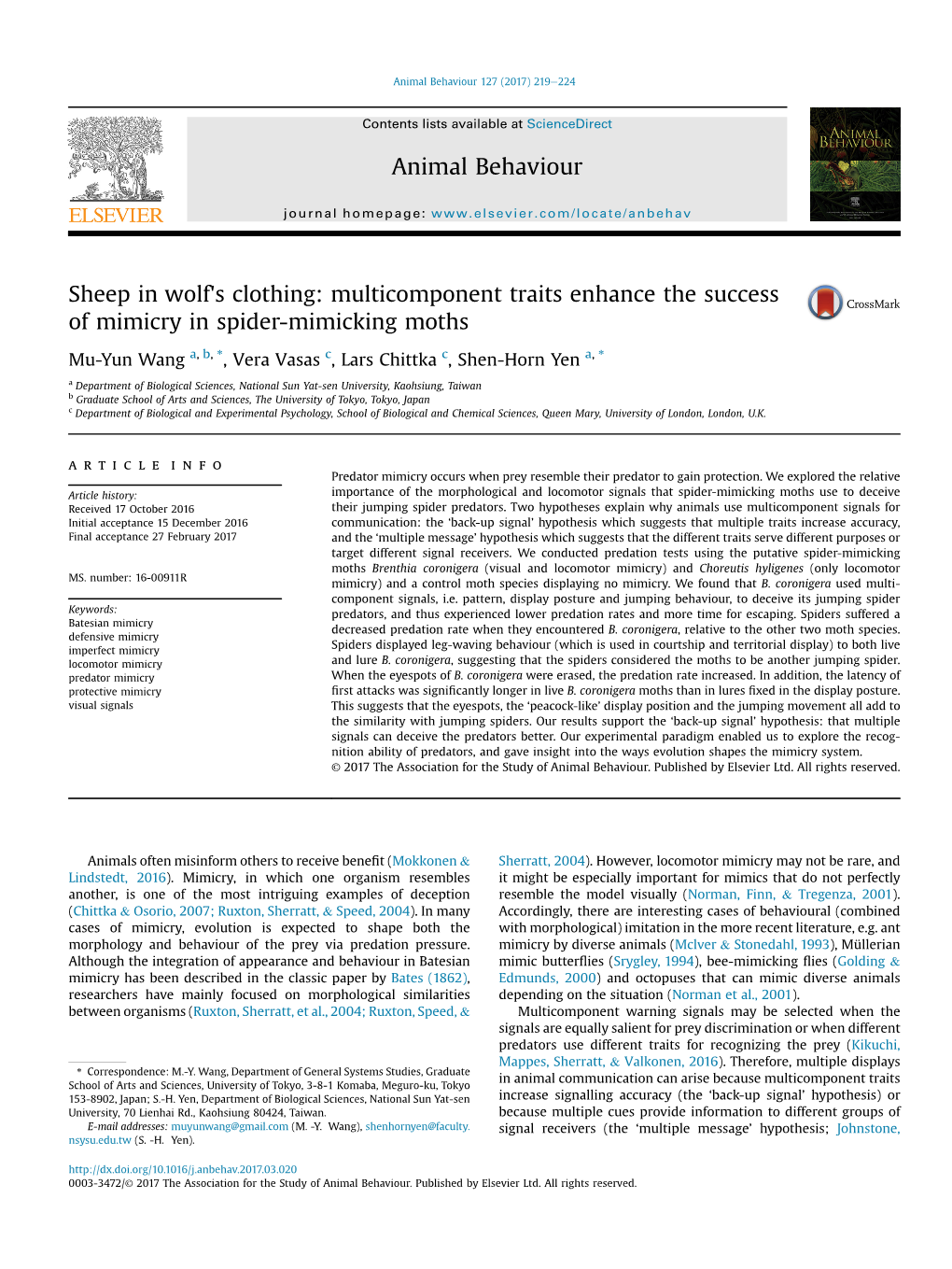 Multicomponent Traits Enhance the Success of Mimicry in Spider-Mimicking Moths