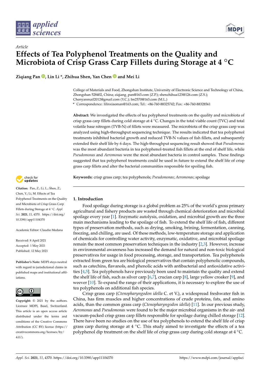 Effects of Tea Polyphenol Treatments on the Quality and Microbiota of Crisp Grass Carp Fillets During Storage at 4 ◦C