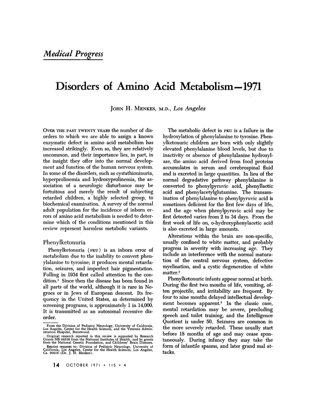 Disorders of Amino Acid Metabolism 1971