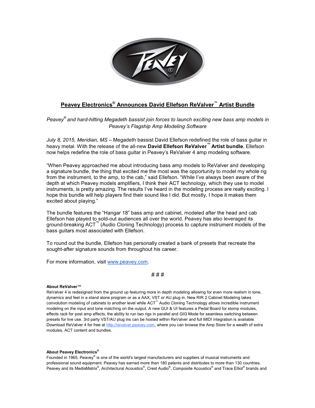 Peavey Electronics® Announces David Ellefson Revalver™ Artist Bundle