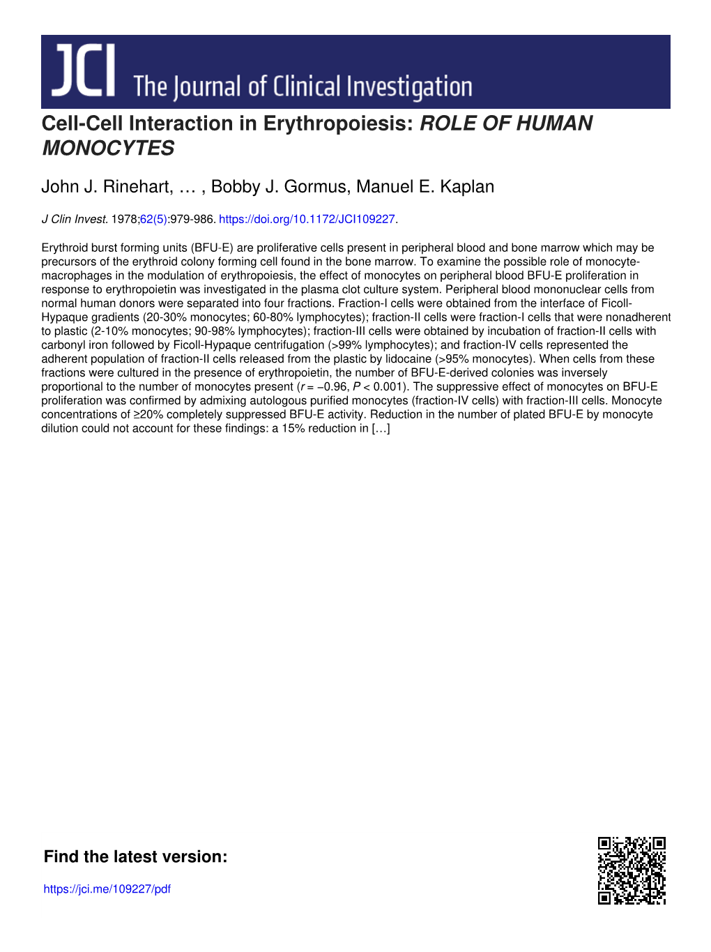 Cell-Cell Interaction in Erythropoiesis: ROLE of HUMAN MONOCYTES