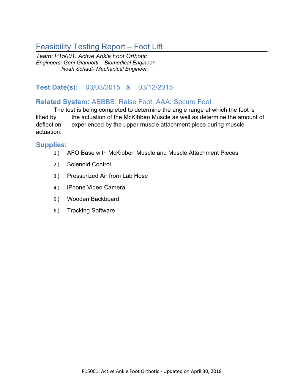 Feasibility Testing Report Foot Lift