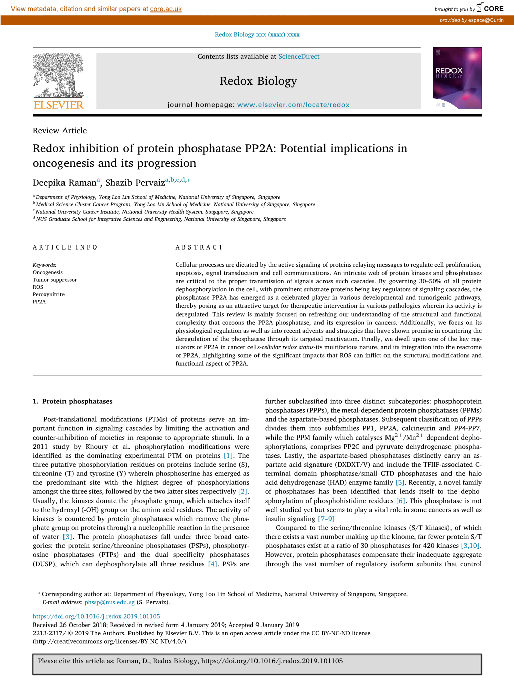 Redox Inhibition of Protein Phosphatase PP2A Potential Implications in Oncogenesis and Its Progression