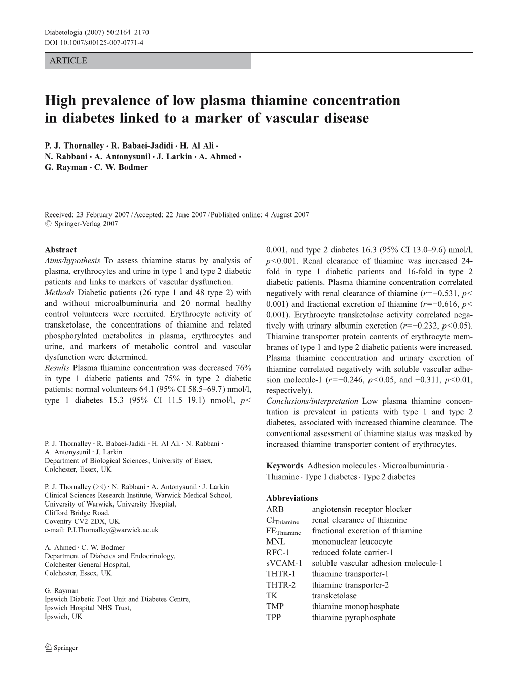 High Prevalence of Low Plasma Thiamine Concentration in Diabetes Linked to a Marker of Vascular Disease