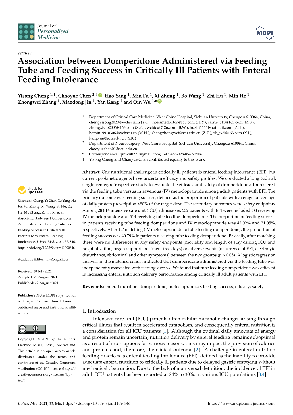 Association Between Domperidone Administered Via Feeding Tube and Feeding Success in Critically Ill Patients with Enteral Feeding Intolerance