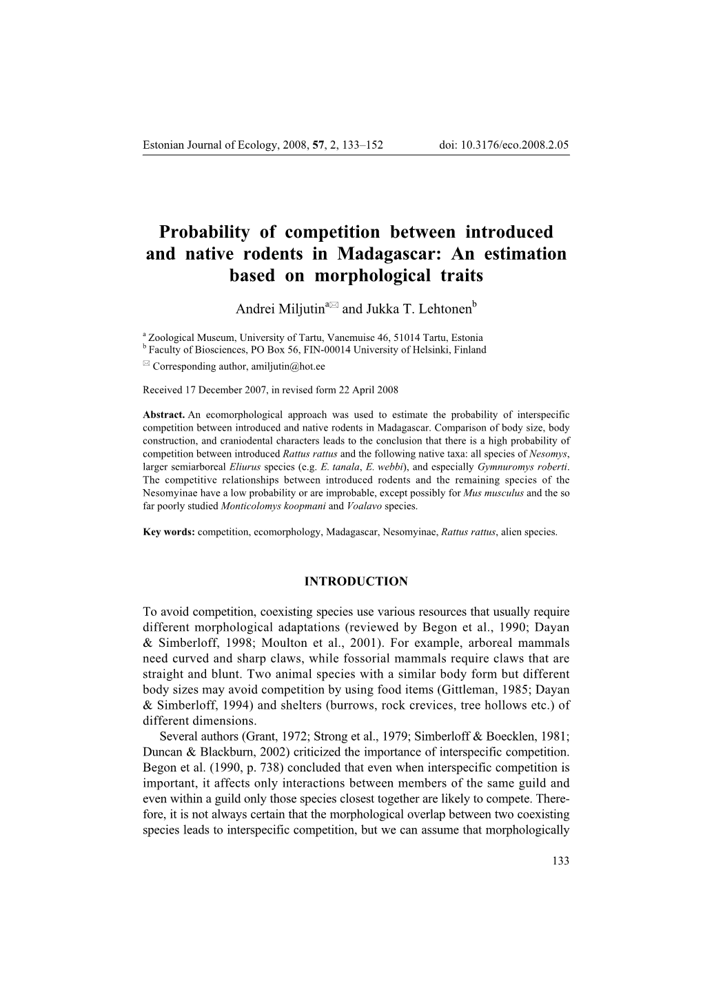 Probability of Competition Between Introduced and Native Rodents in Madagascar: an Estimation Based on Morphological Traits