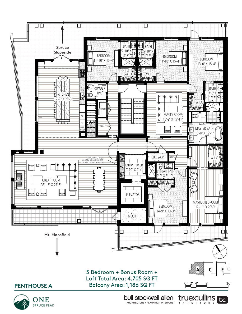 5 Bedroom + Bonus Room + Loft Total Area: 4,705 SQ FT 0'2' 4' 8' 16' PENTHOUSE a LOFT Balcony Area: 1,186 SQ FT Penthouse a Features List