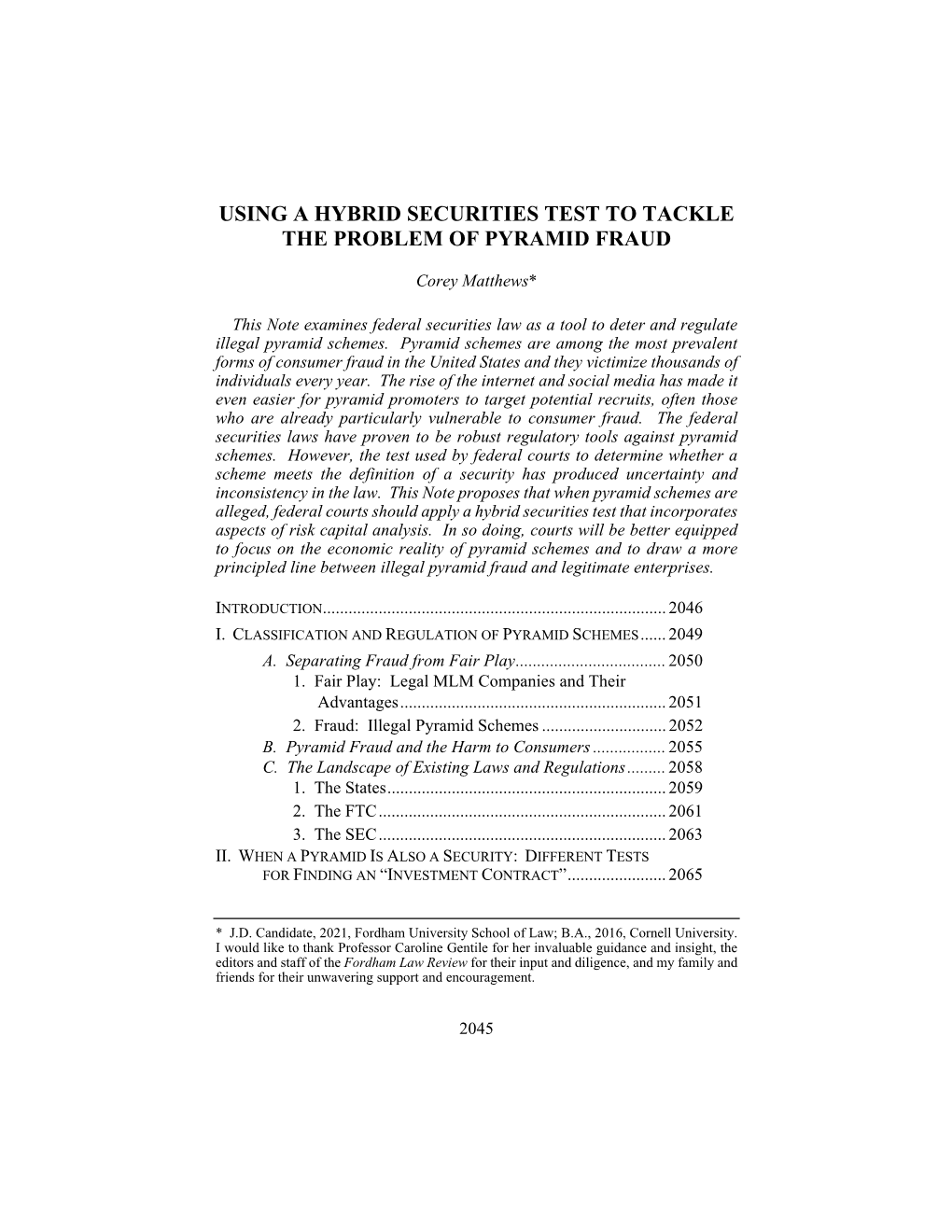 Using a Hybrid Securities Test to Tackle the Problem of Pyramid Fraud