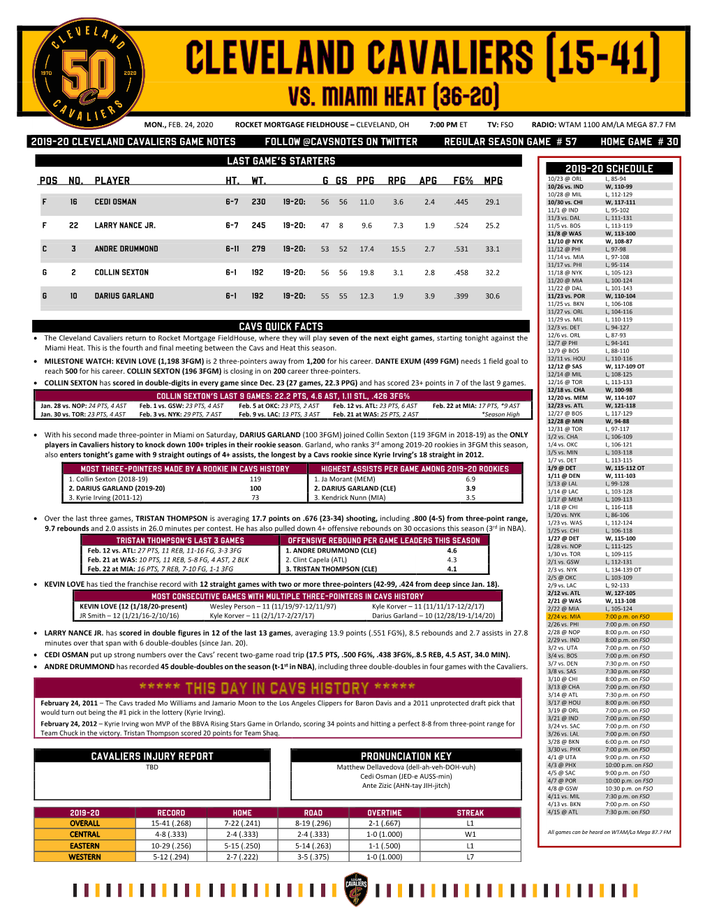 2019-20 Cleveland Cavaliers Game Notes Follow @Cavsnotes on Twitter Regular Season Game # 57 Home Game # 30