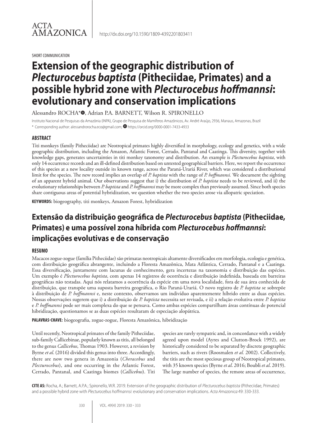 Extension of the Geographic Distribution of Plecturocebus