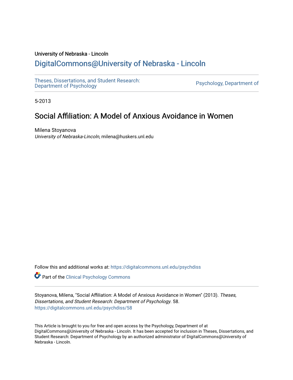 Social Affiliation: a Model of Anxiousv a Oidance in Women