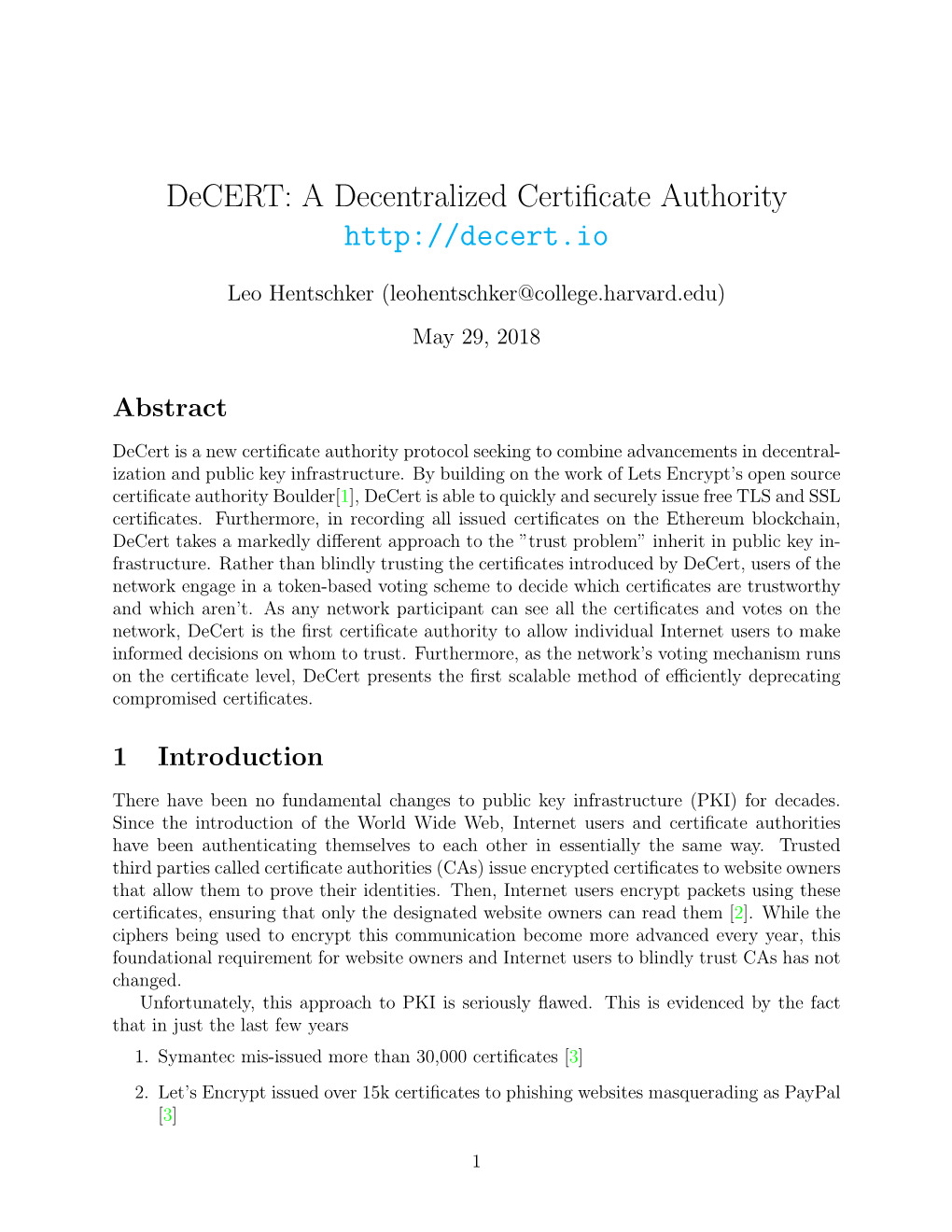 Decert: a Decentralized Certificate Authority