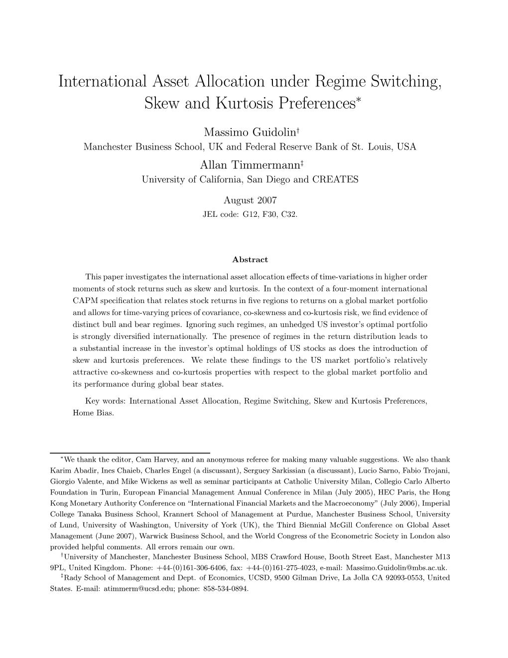 International Asset Allocation Under Regime Switching, Skew and Kurtosis Preferences∗