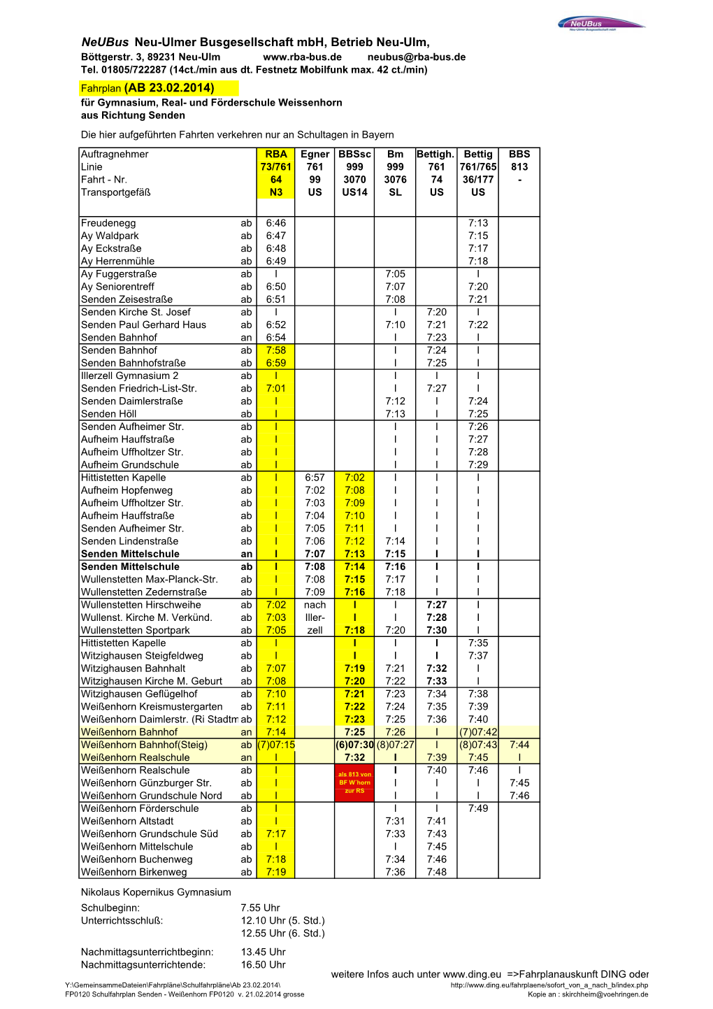 FP0120 Schulfahrplan Senden - Weißenhorn FP0120 V