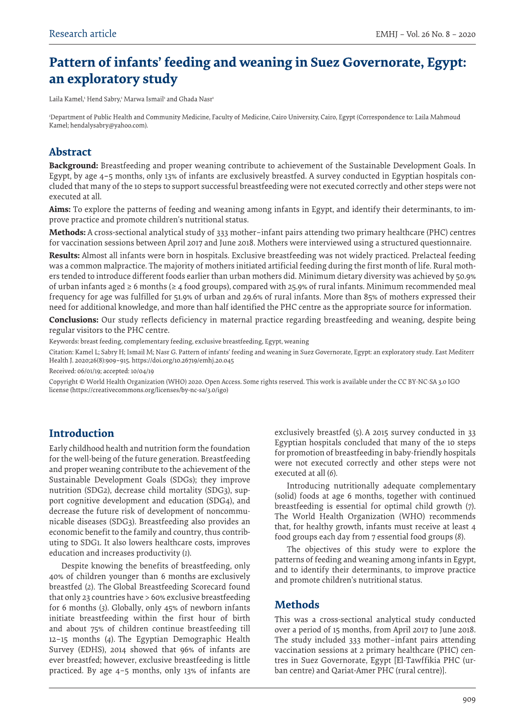 Pattern of Infants' Feeding and Weaning in Suez Governorate, Egypt: an Exploratory Study