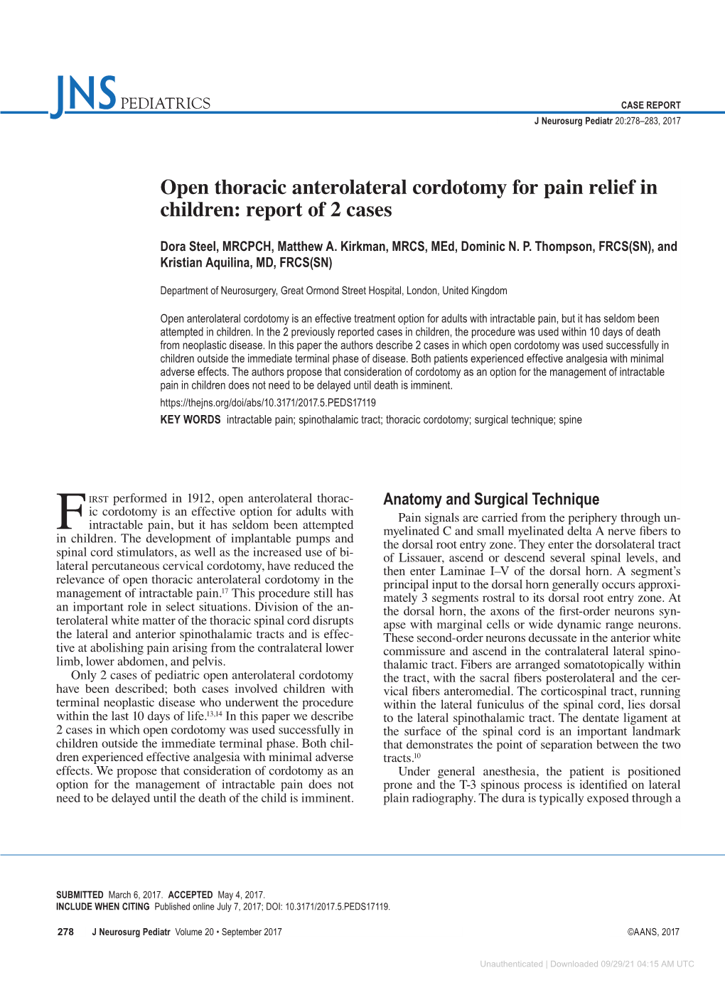 Open Thoracic Anterolateral Cordotomy for Pain Relief in Children: Report of 2 Cases