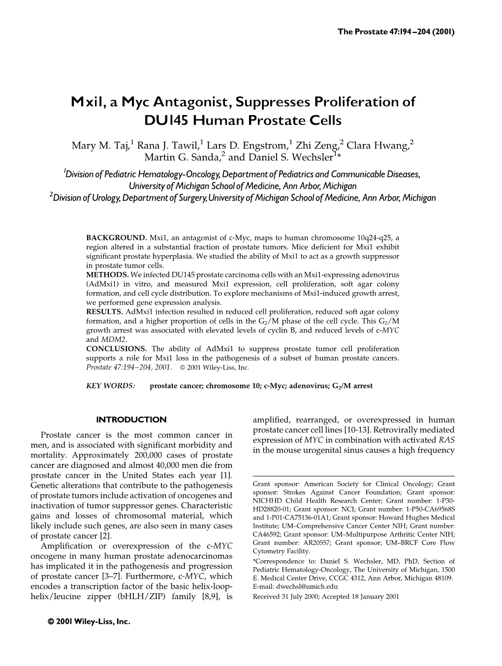 Mxi1, a Myc Antagonist, Suppresses Proliferation of DU145 Human Prostate Cells