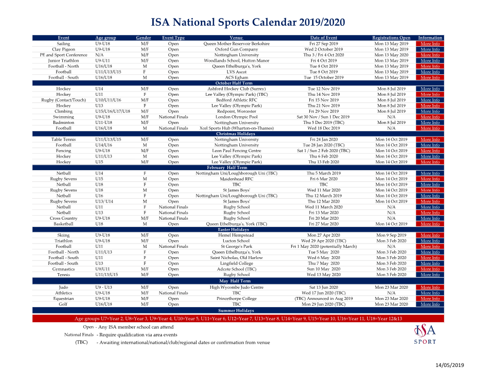 ISA National Sports Calendar 2019/2020