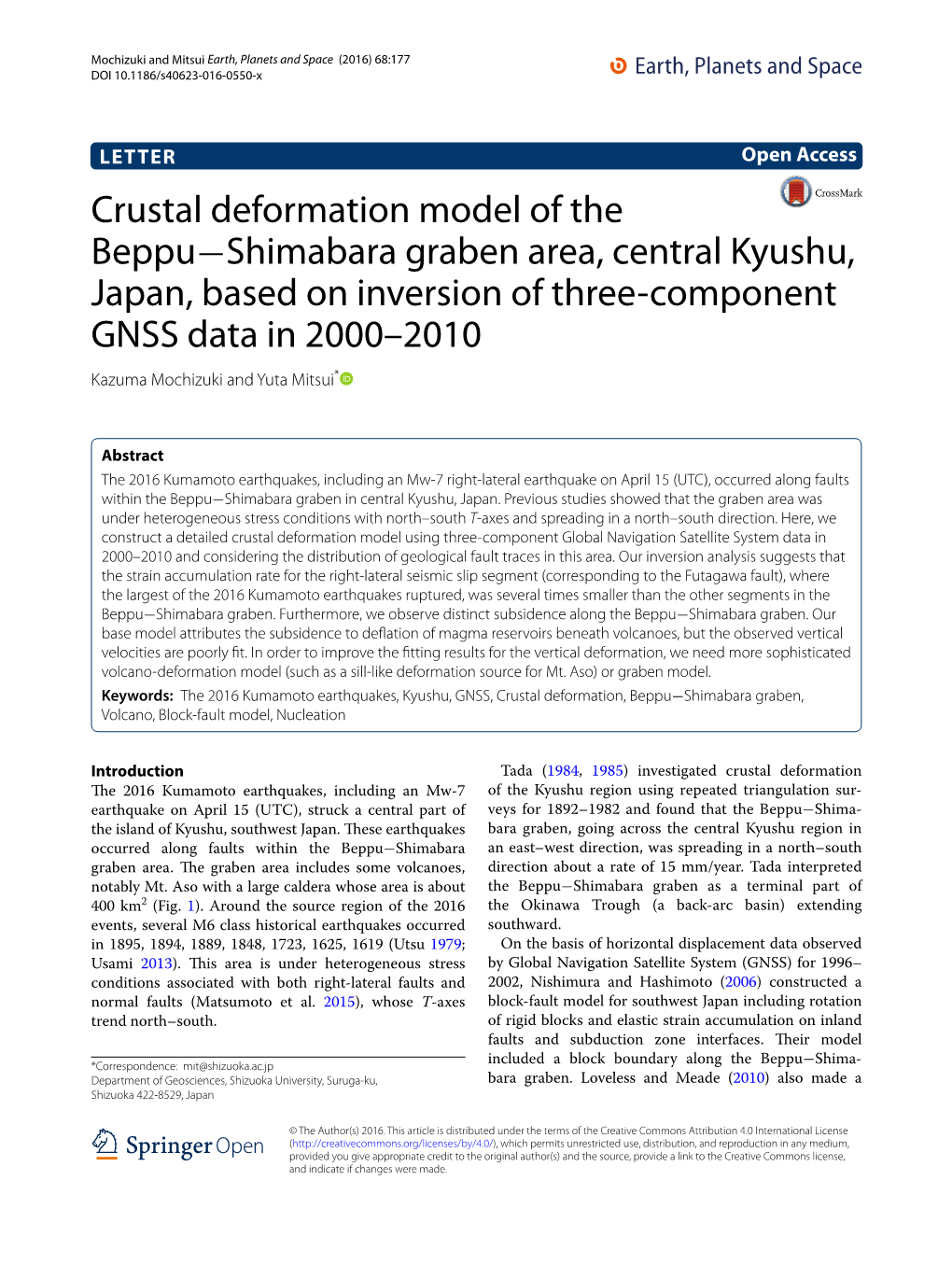 Crustal Deformation Model of the Beppu-Shimabara Graben Area, Central Kyushu, Japan, Based on Inversion of Three-Component GNSS