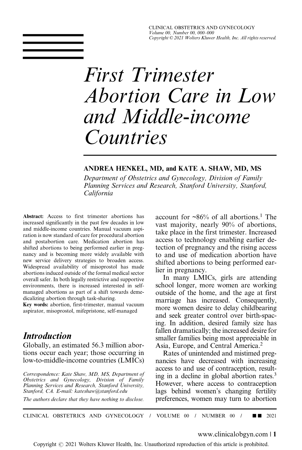 First Trimester Abortion Care in Low and Middle-Income Countries