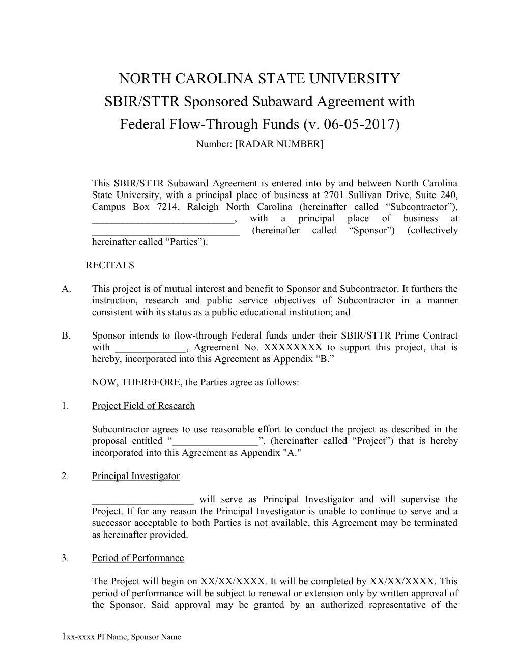 Sponsored Project Agreement 11-15-06