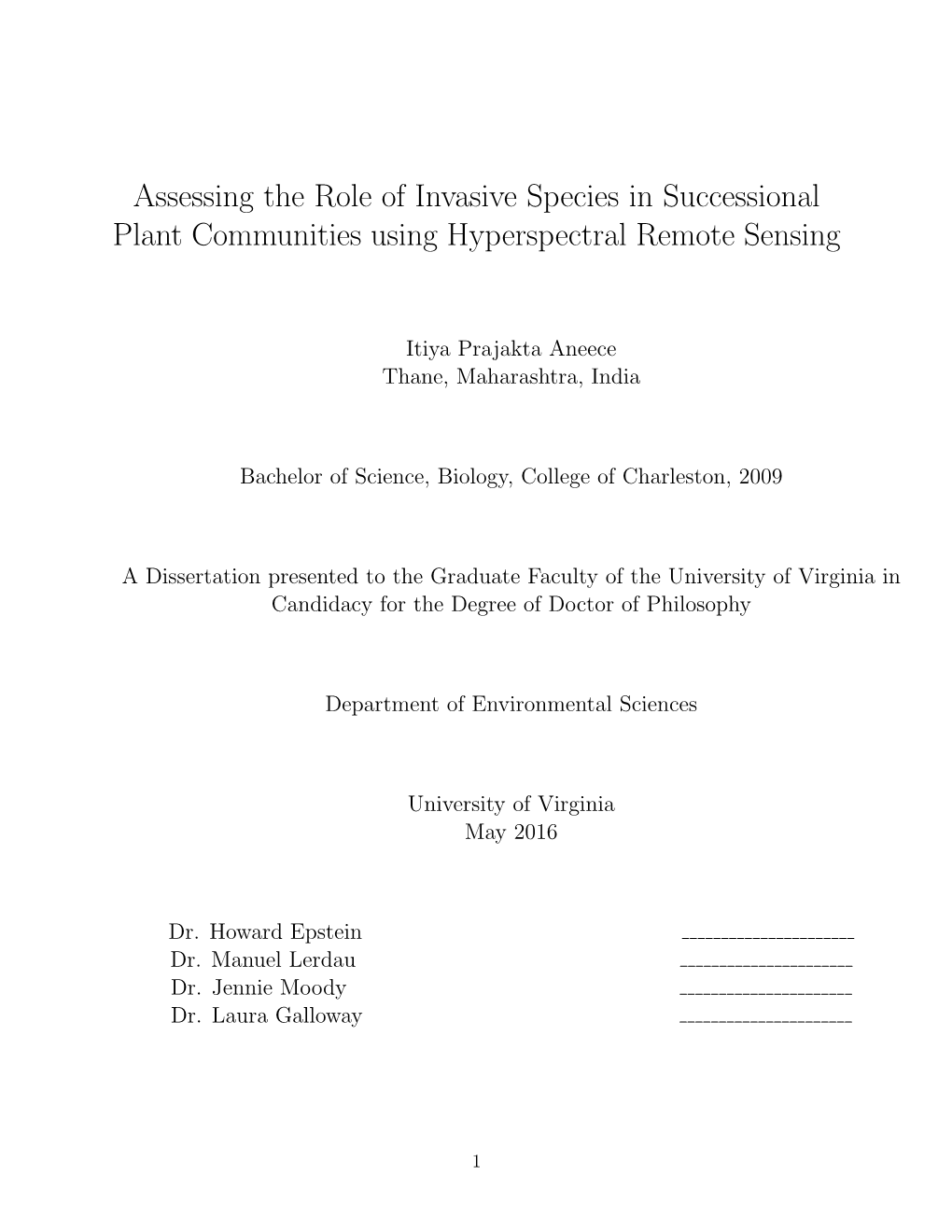 Assessing the Role of Invasive Species in Successional Plant Communities Using Hyperspectral Remote Sensing