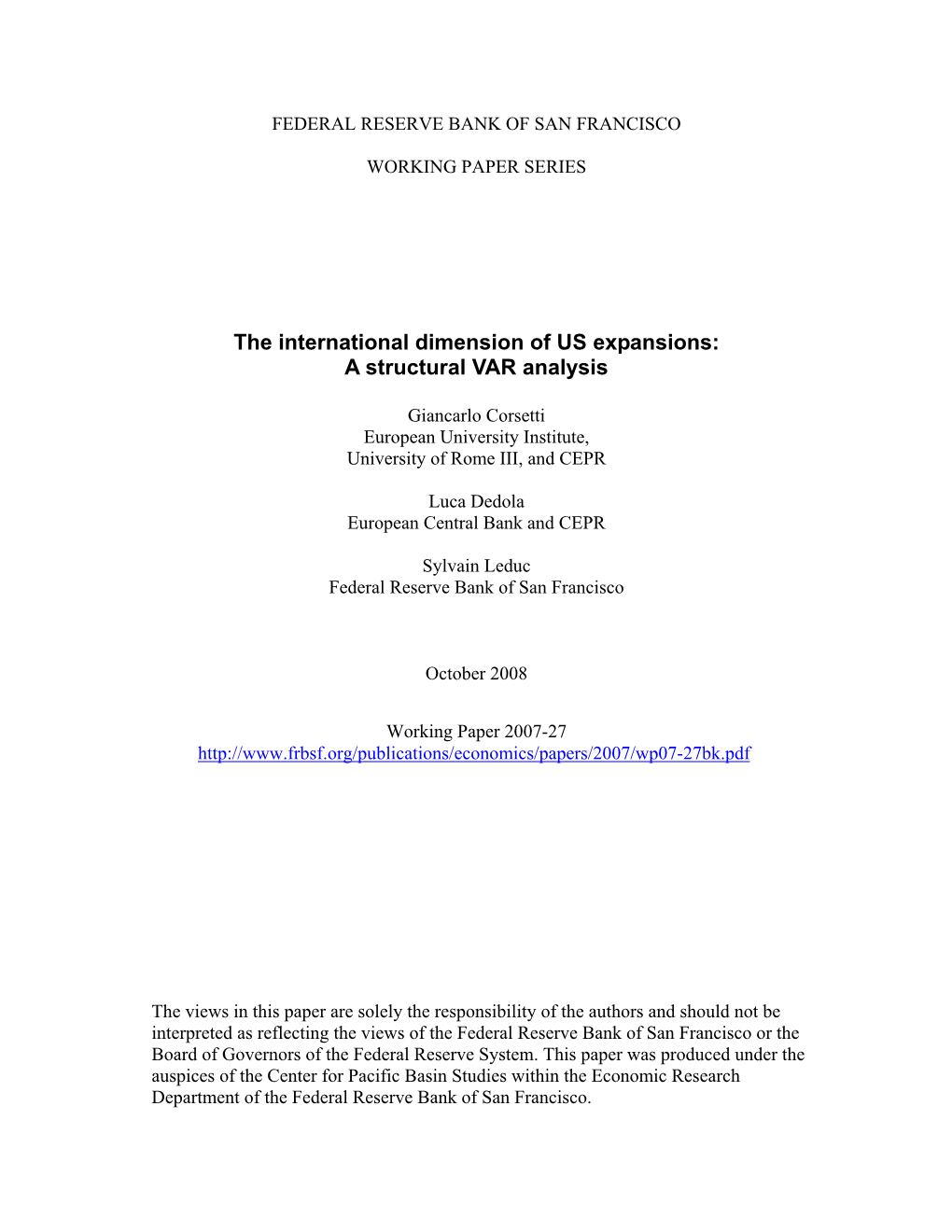 The International Dimension of US Expansions: a Structural VAR Analysis1