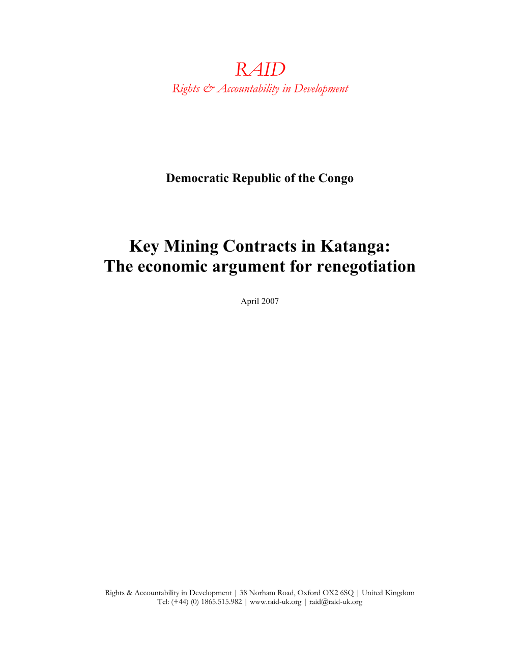 Key Mining Contracts in Katanga: the Economic Argument for Renegotiation