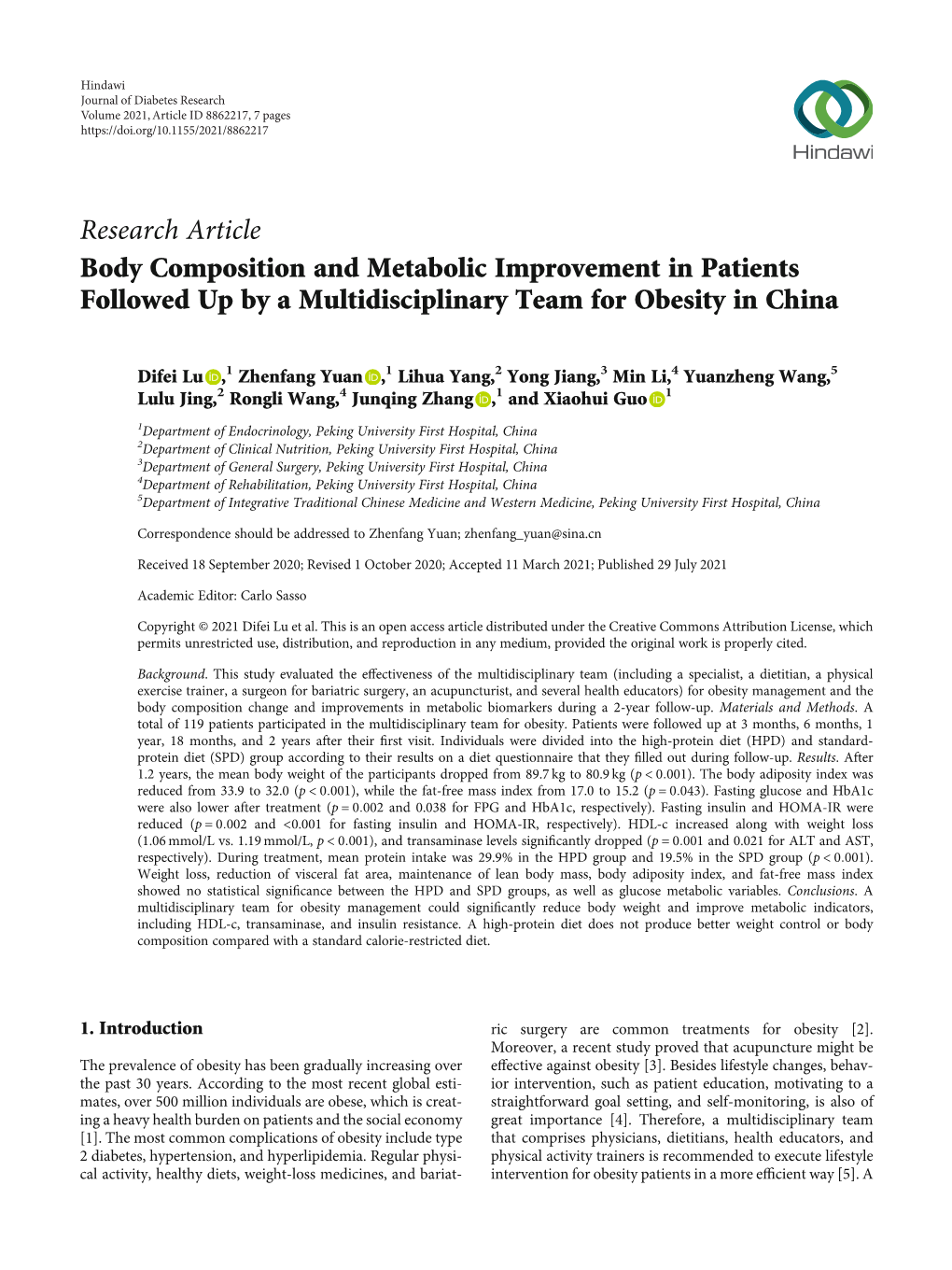 Body Composition and Metabolic Improvement in Patients Followed up by a Multidisciplinary Team for Obesity in China