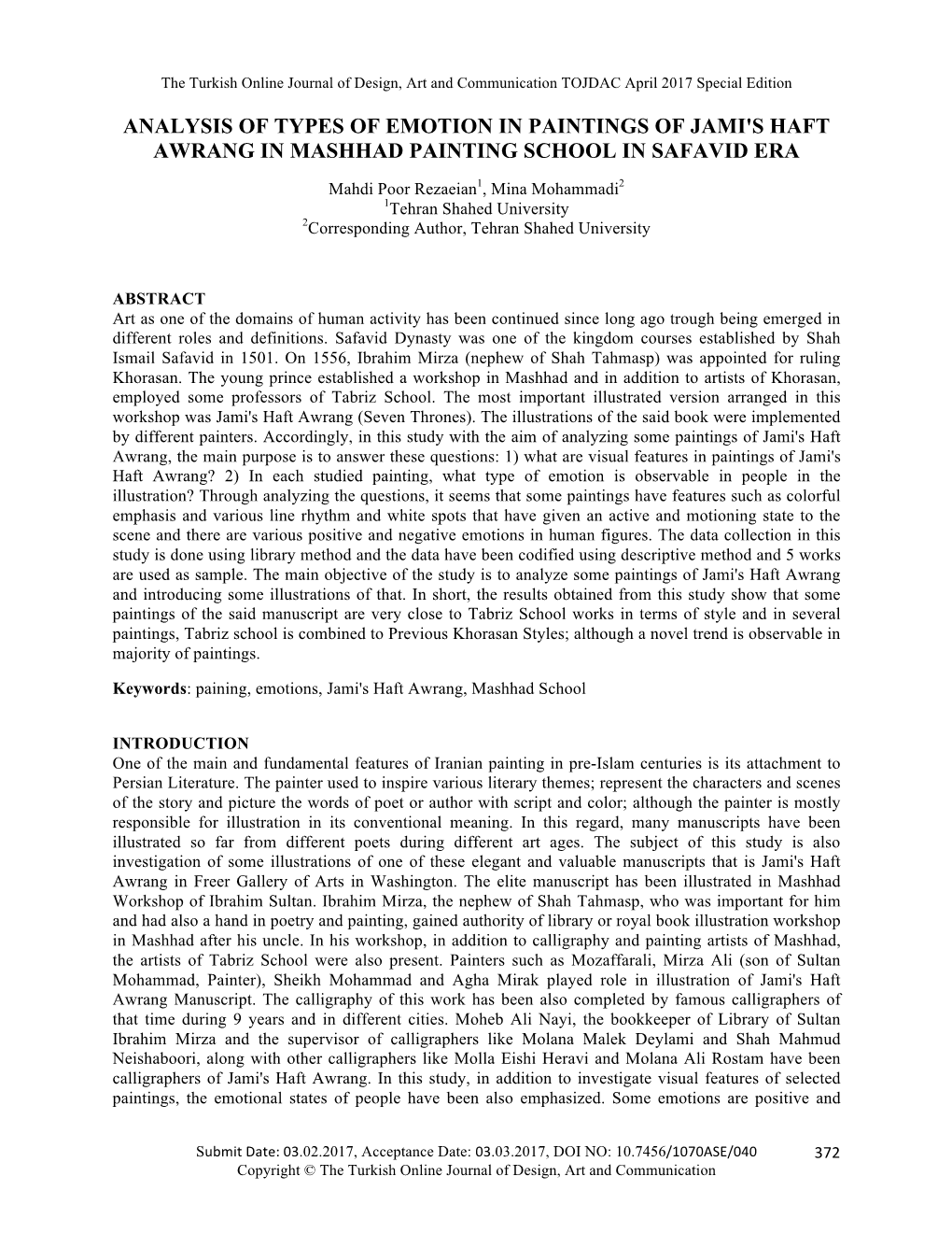 Analysis of Types of Emotion in Paintings of Jami's Haft Awrang in Mashhad Painting School in Safavid Era