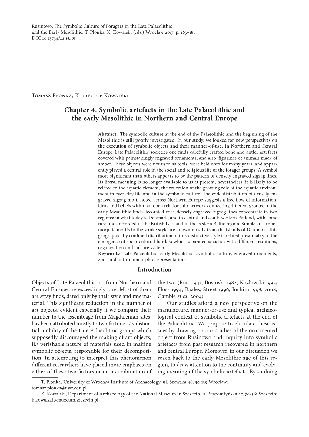 Chapter 4. Symbolic Artefacts in the Late Palaeolithic and the Early Mesolithic in Northern and Central Europe