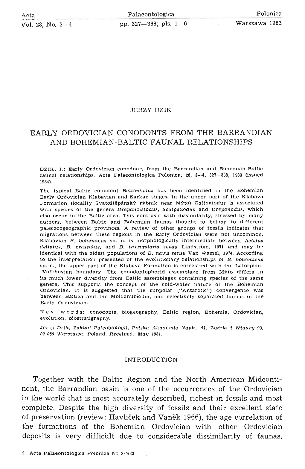 Early Ordovician Conodonts from the Barrandian and Bohemian-Baltic Faunal Relationships