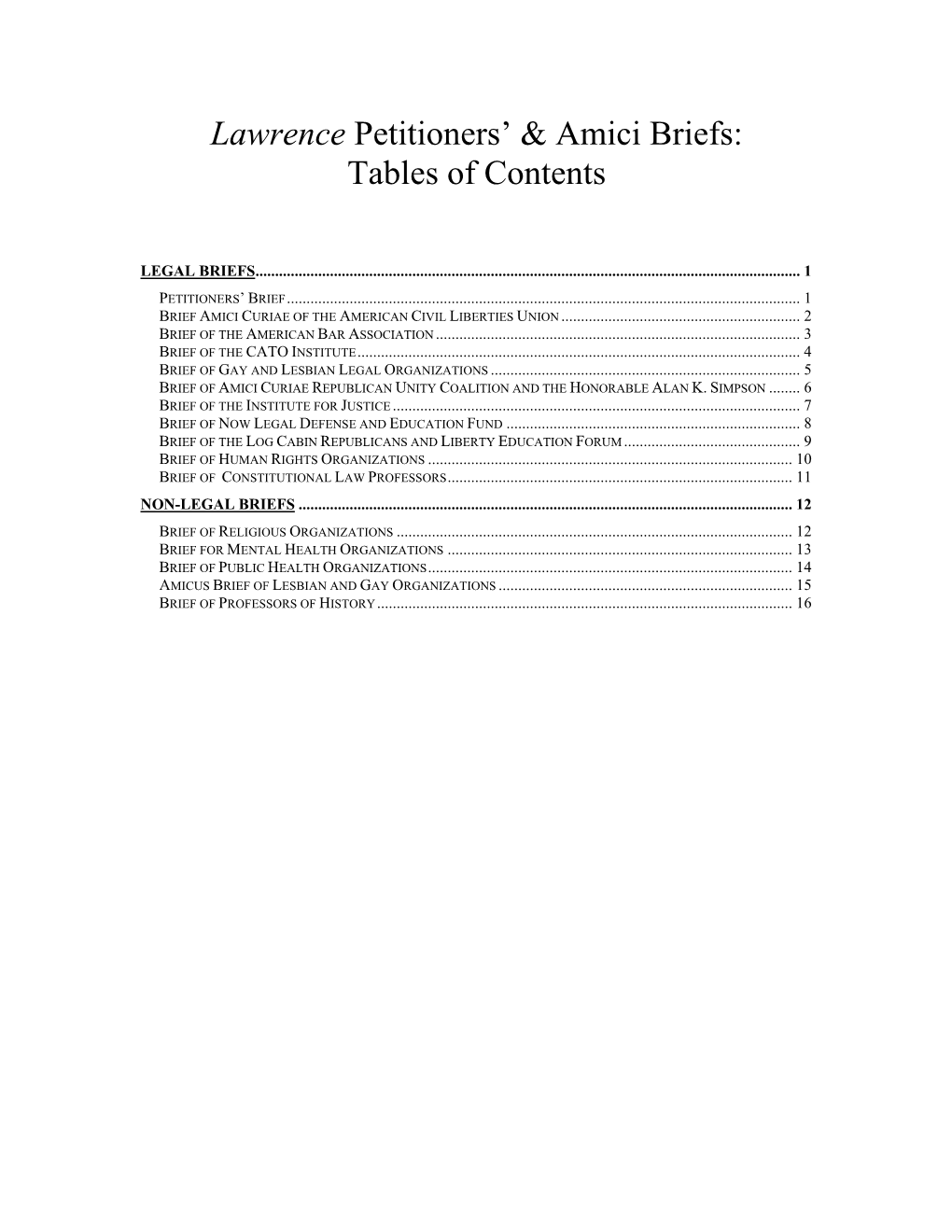 Lawrence Amici: Tables of Contents