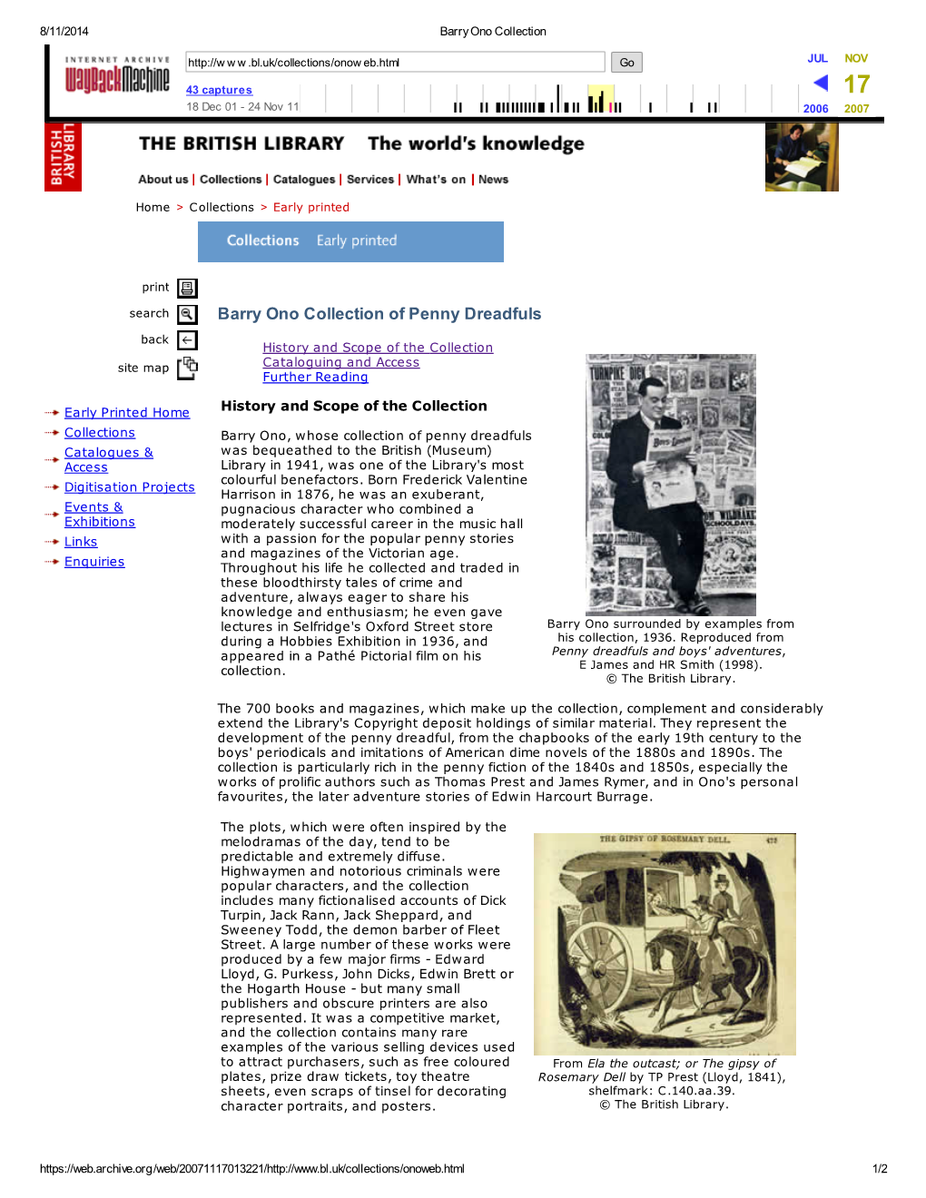 Barry Ono Collection of Penny Dreadfuls Back History and Scope of the Collection Site Map Cataloguing and Access Further Reading