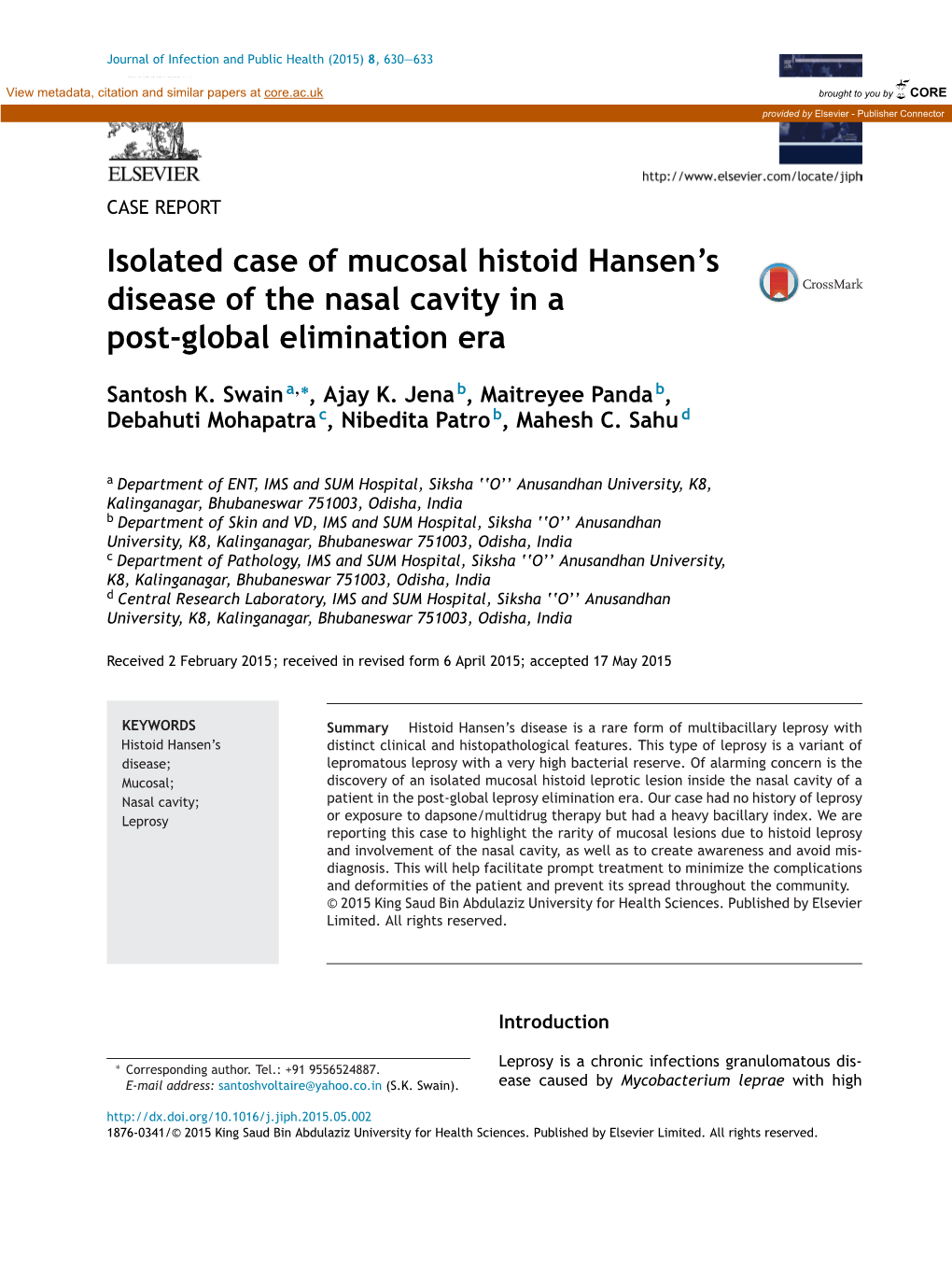 Isolated Case of Mucosal Histoid Hansen's Disease of the Nasal