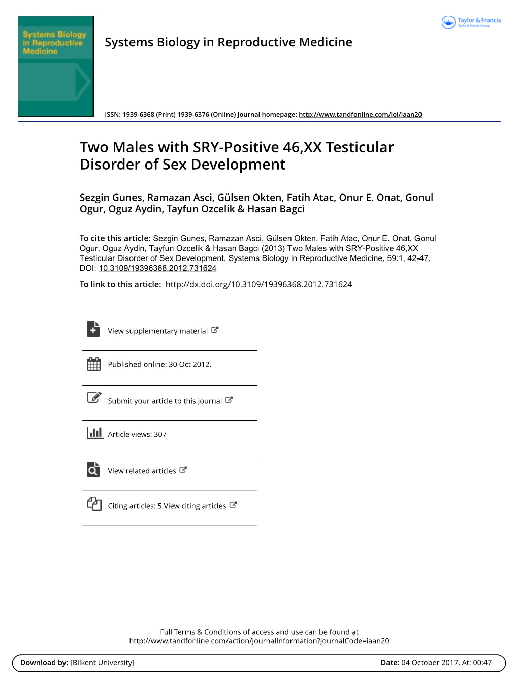 Two Males with SRY-Positive 46,XX Testicular Disorder of Sex Development