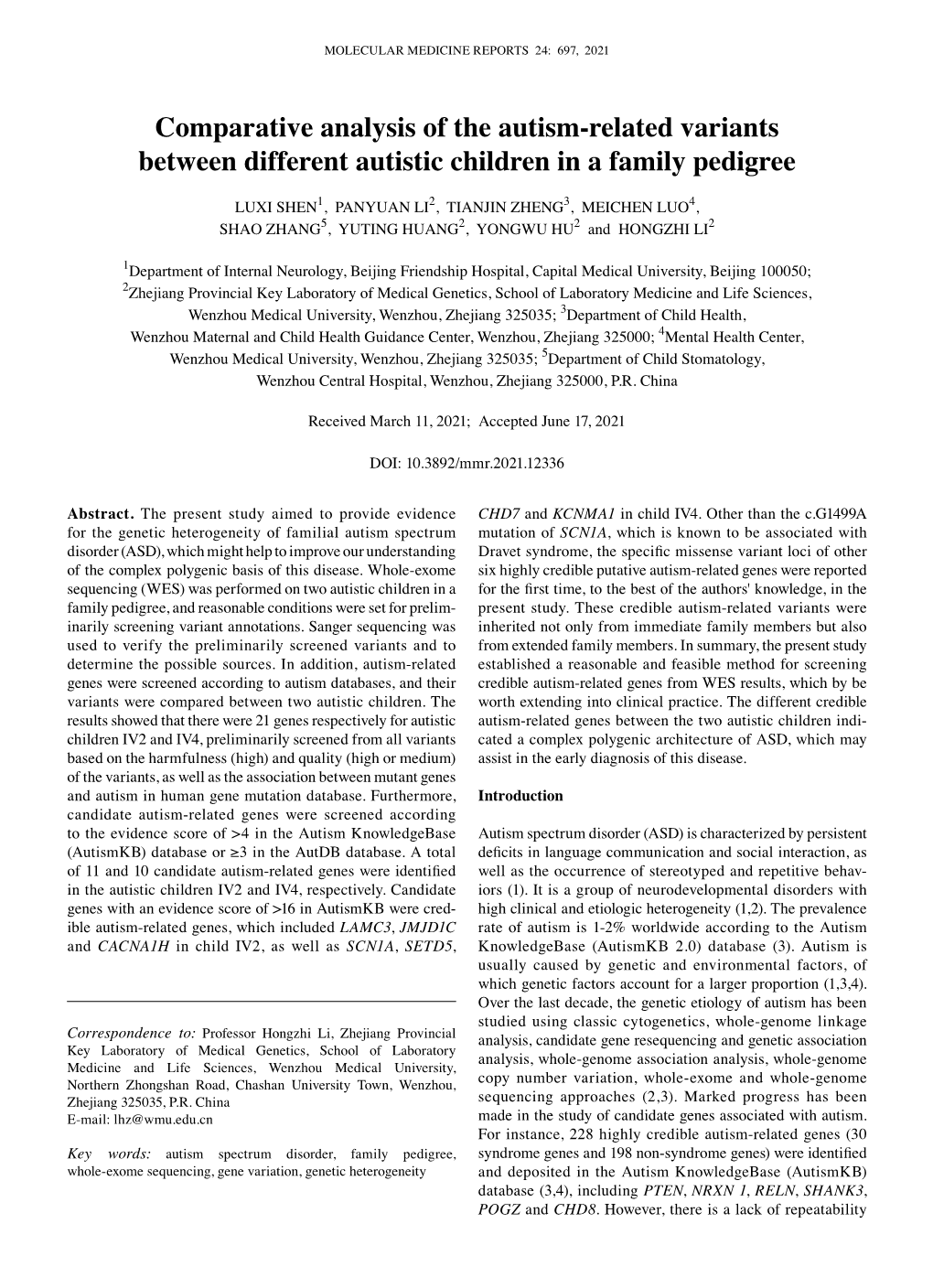 Comparative Analysis of the Autism‑Related Variants Between Different Autistic Children in a Family Pedigree